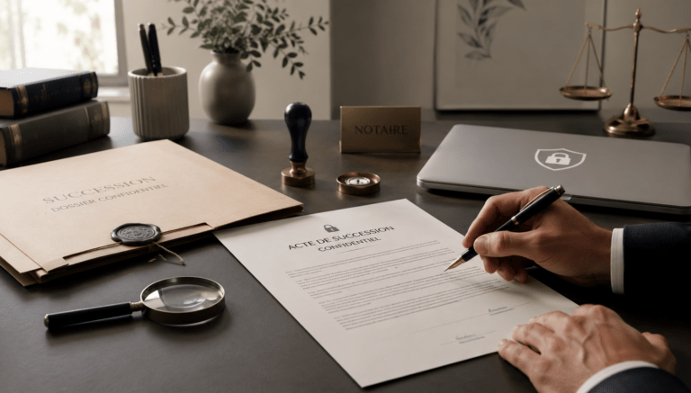 Notaire signant un acte de succession confidentiel sur un bureau, avec cachet et sceau de cire