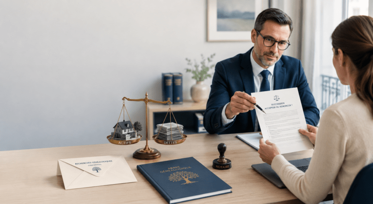 Notaire presentant un document succession accepter ou renoncer, avec une balance actifs et dettes sur le bureau