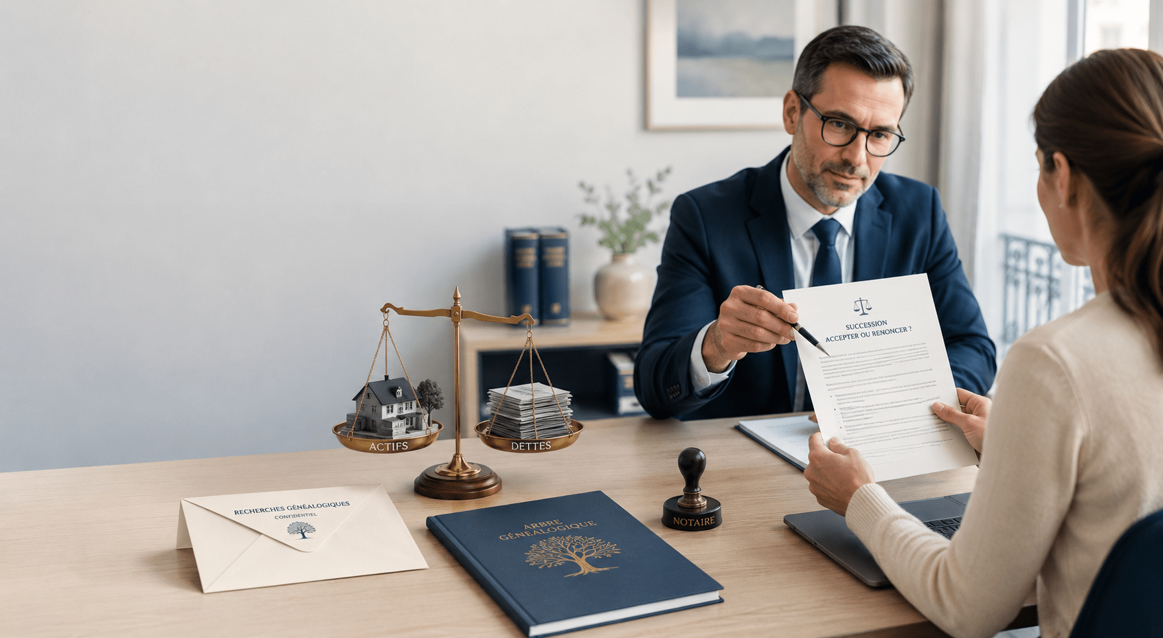 Notaire présentant un document succession accepter ou renoncer