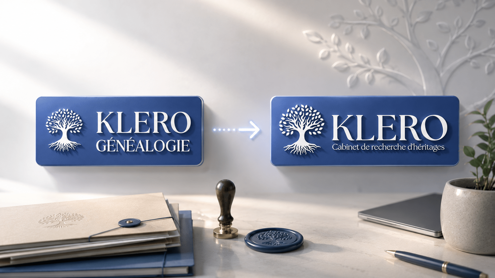 L'ancien logo Klero Généalogie laissant place au nouveau logo Klero, cabinet de recherche d'héritages
