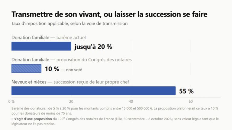 Graphique comparant les taux d'imposition : jusqu'à 20 % pour une donation familiale aujourd'hui, 10 % selon la proposition du Congrès des notaires, et 55 % pour une succession reçue par des neveux et nièces de leur propre chef